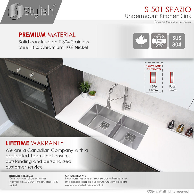 Stylish SPAZIO 33" Double Bowl Kitchen Sink, 16 Gauge Stainless Steel with Grids and Square Basket Strainers - S-501XG