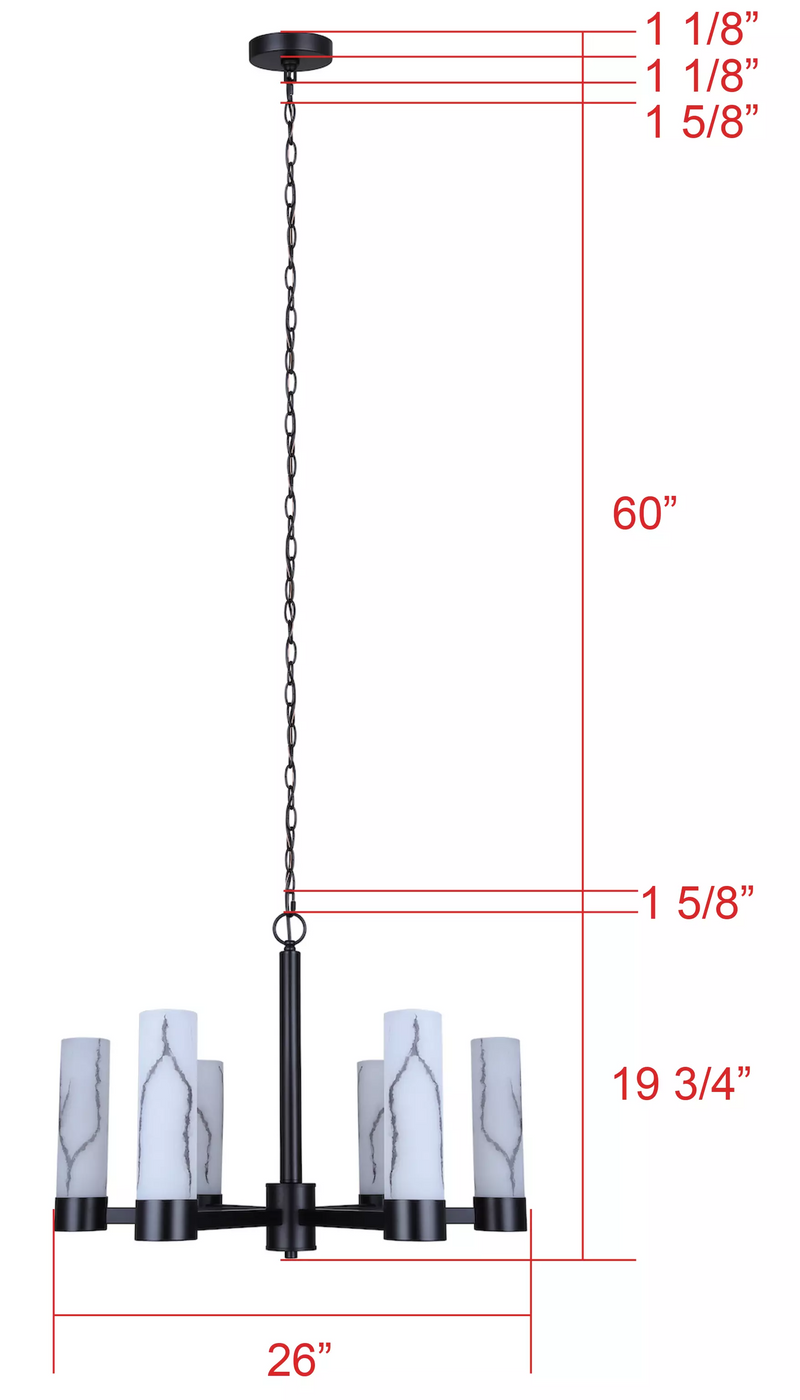Canarm KRISTELLA Matte Black with 6 Marbled Glass Chandelier - ICH1153A06BK