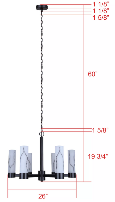 Canarm KRISTELLA Matte Black with 6 Marbled Glass Chandelier - ICH1153A06BK