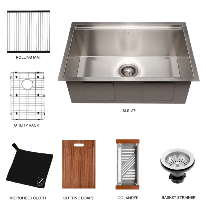 ZLINE Garmisch 30 In. Undermount Single Bowl Stainless Steel Kitchen Sink With Bottom Grid and Accessories
