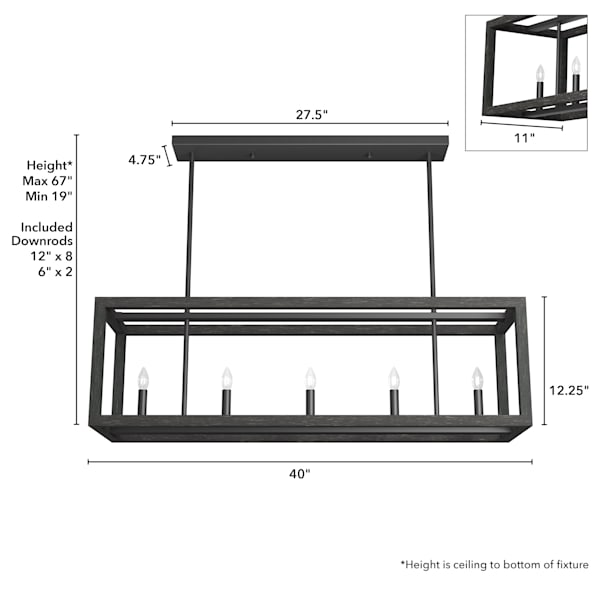 Hunter Squire Manor 5 Light Linear Chandelier in Matte Black/Dark Ash