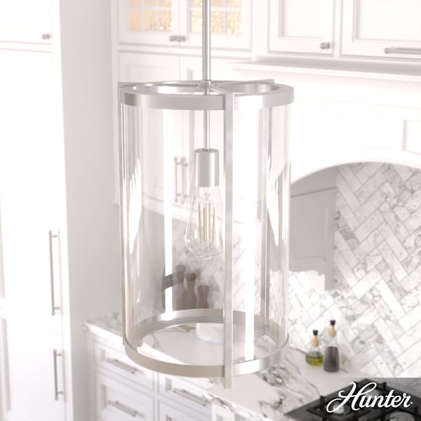 Hunter Astwood 1 Light Pendant in Brushed Nickel with Clear Glass