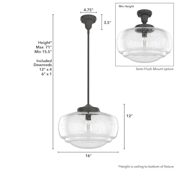 Hunter Saddle Creek 1 Light Large Pendant in Noble Bronze with Clear Seeded Glass