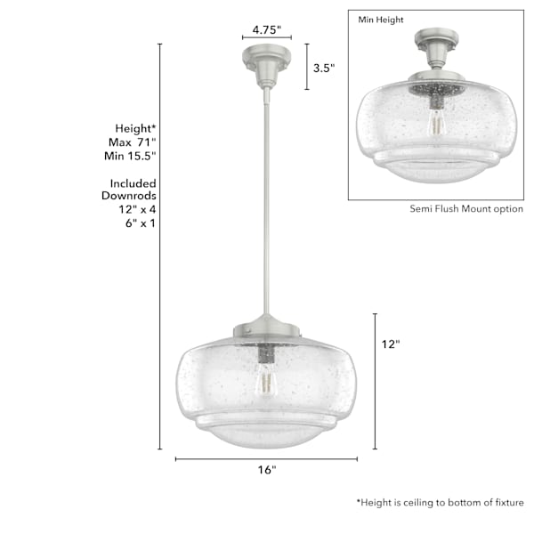 Hunter Saddle Creek 1 Light Large Pendant in Brushed Nickel with Clear Seeded Glass