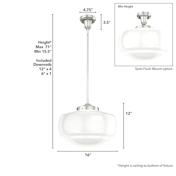 Hunter Saddle Creek 1 Light Large Pendant in Brushed Nickel with Cased White Glass