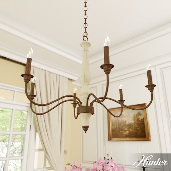 Hunter Teren 6 Light Chandelier - Distressed White/Textured Rust