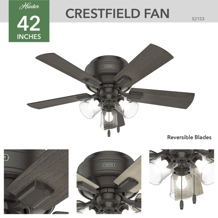 Hunter 42-Inch Crestfield Three Light Noble Bronze Low Profile Ceiling Fan