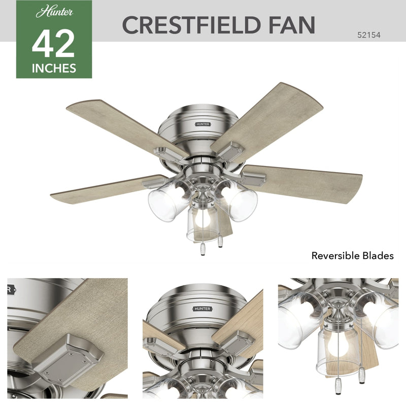 Hunter 42-Inch Crestfield Three Light Brushed Nickel Low Profile Ceiling Fan