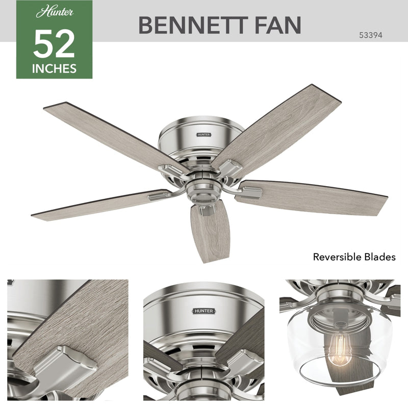 Hunter 52-Inch Bennett Brushed Nickel Low Profile Ceiling Fan