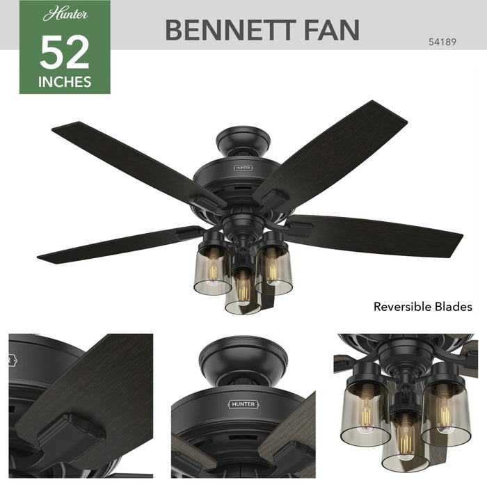 Hunter 52-Inch Bennett 3 Lights Matte Black Ceiling Fan