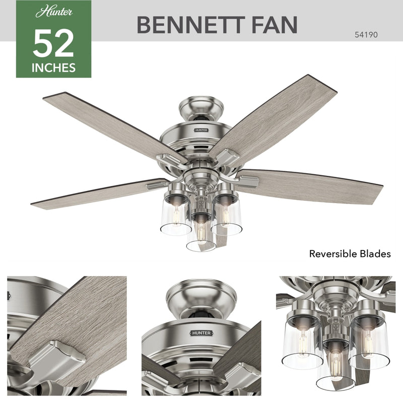 Hunter 52-Inch Bennett 3 Lights Brushed Nickel Ceiling Fan