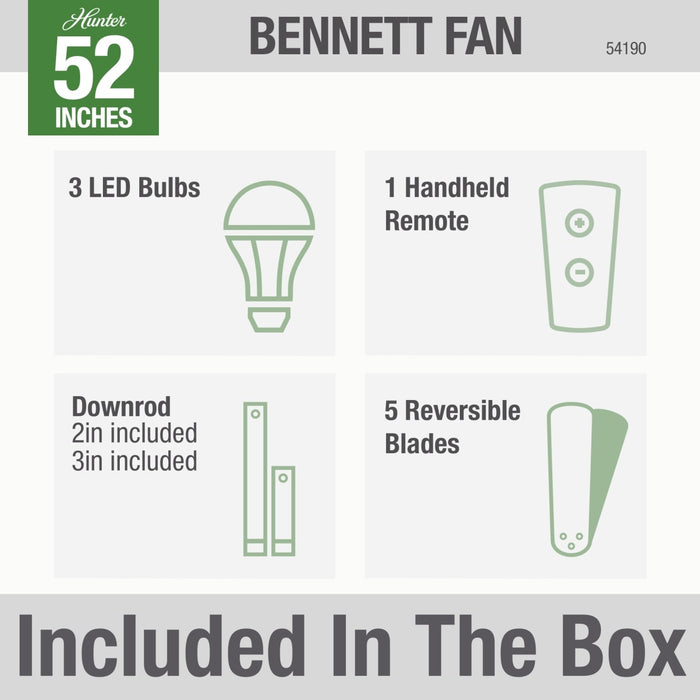 Hunter 52-Inch Bennett 3 Lights Brushed Nickel Ceiling Fan