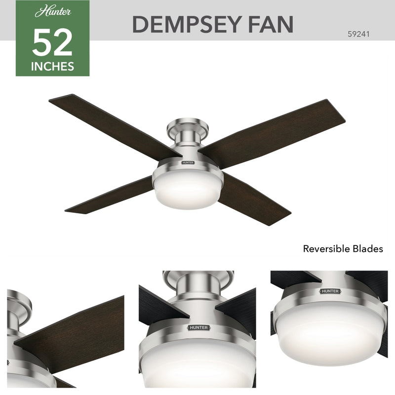 Hunter 52-Inch Dempsey Light Brushed Nickel Low Profile Ceiling Fan