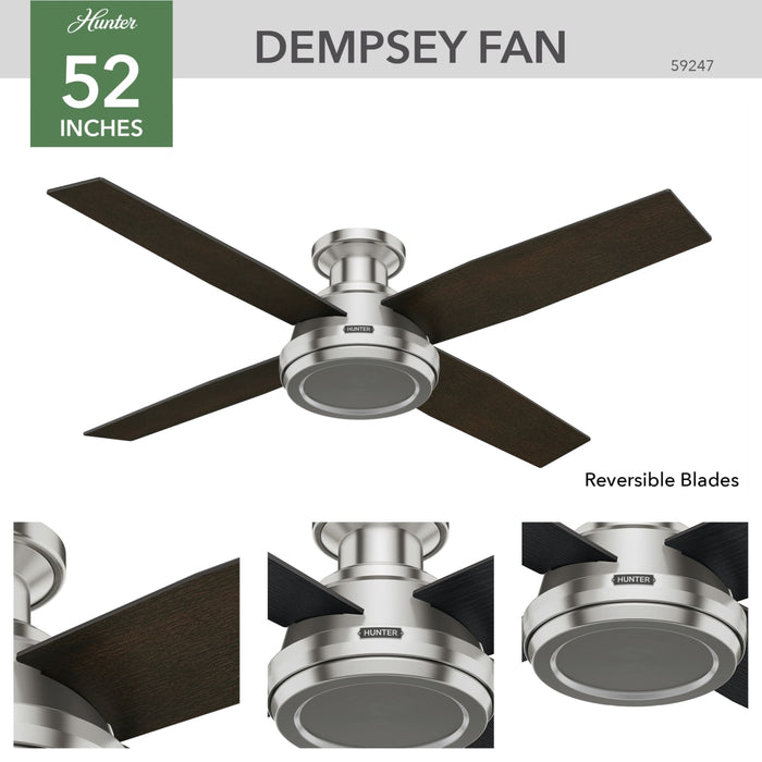 Hunter 52-Inch Dempsey Brushed Nickel Low Profile No Light Ceiling Fan