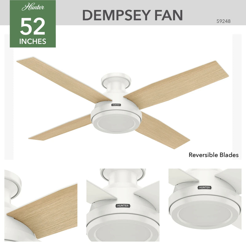 Hunter 52-Inch Dempsey Fresh White Low Profile No Light Ceiling Fan
