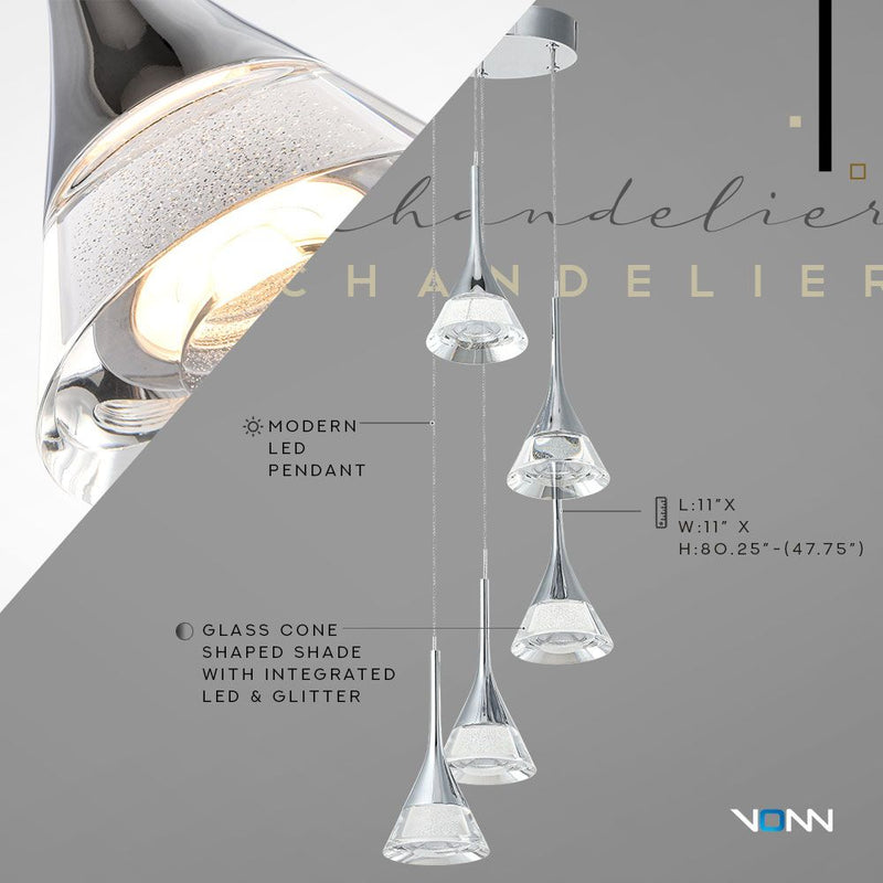 VONN Amalfi 5-Light VAC3215CH Integrated LED Chandelier with Cone Shades Polished Chrome