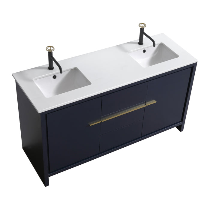 KubeBath Dolce 60″ Double Sink Modern Bathroom Vanity with White Quartz Counter-Top