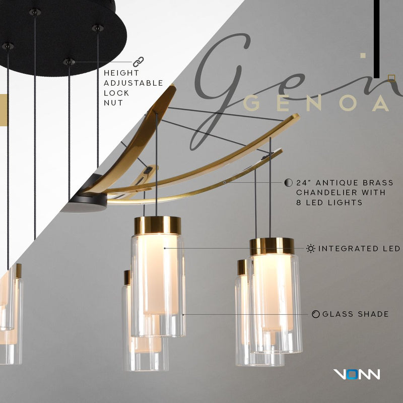 VONN Genoa 24" VAC3118BL Integrated LED Chandelier with 8 Glass Shades in Black