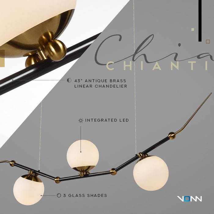 VONN Chianti 54" VAC3123AB Integrated LED Chandelier with 3 Glass Shades in Antique Brass