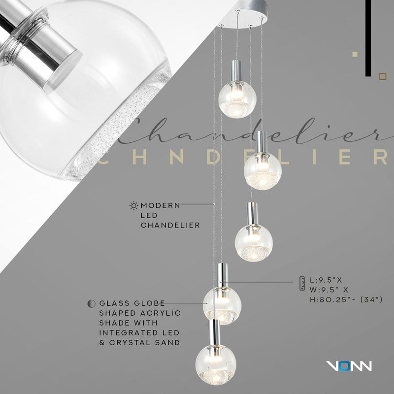 VONN Sienna 5-Light VAC3185CH Integrated LED Chandelier with Globe Shades - Polished Chrome