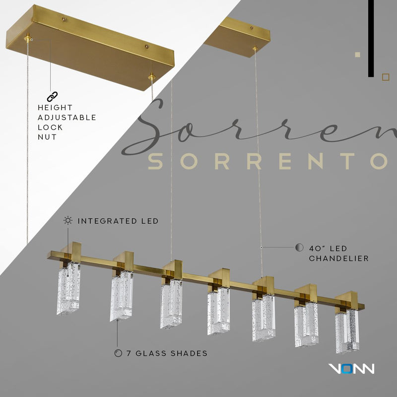 VONN Sorrento 40" VAC3137AB Integrated LED Linear Chandelier with 7 Shades in Antique Brass