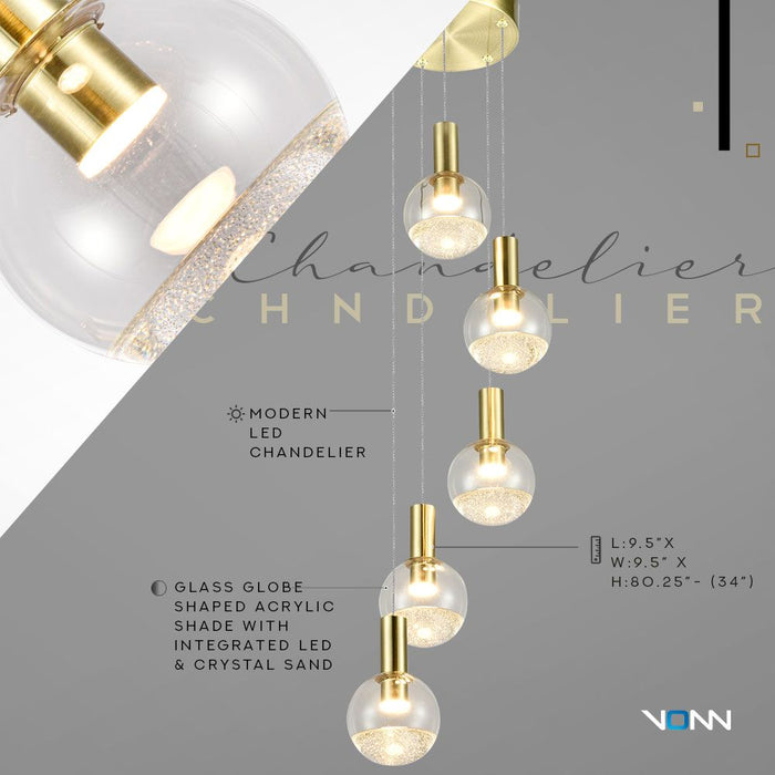 VONN Sienna 5-Light VAC3185BRS Integrated LED Chandelier with Globe Shades - Brass