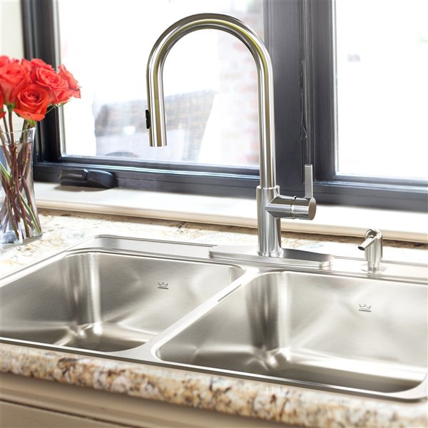 Kindred Creemore Collection Top Mount Double Bowl Stainless Steel Sink FCDLA3322-8-4CB