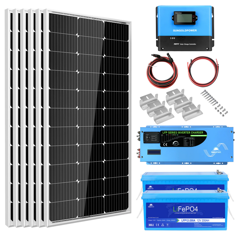 SunGoldPower Off Grid Solar Kit 3000W Inverter 12VDC 120V Output LiFePO4 Battery 600 Watt Solar Back Up SGK-PRO3