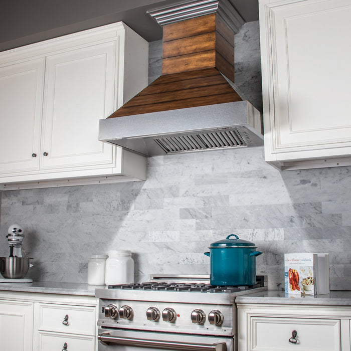 ZLINE Shiplap Wooden Wall Range Hood with Stainless Steel Accent - Includes Motor (365BB)