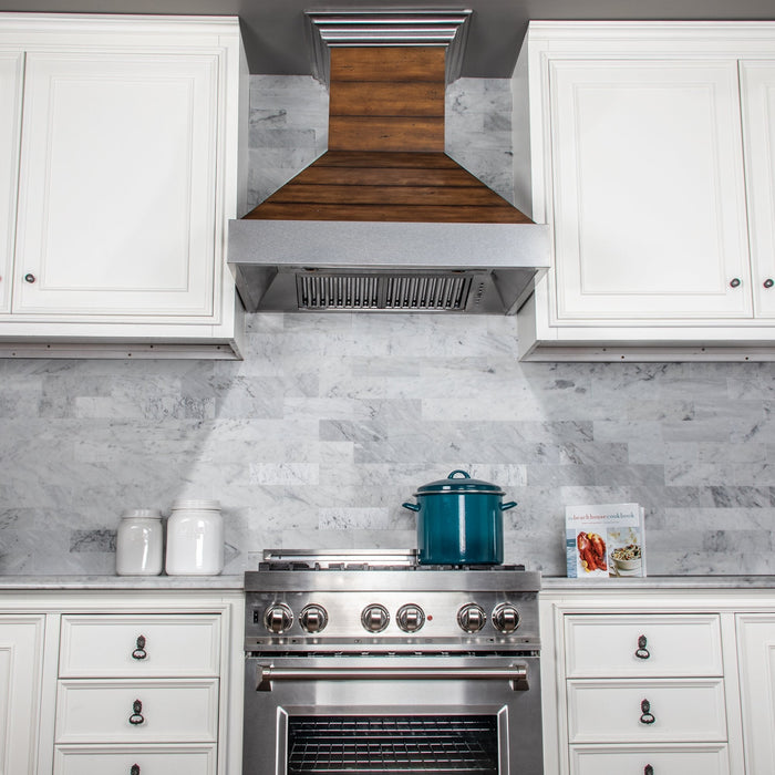 ZLINE Shiplap Wooden Wall Range Hood with Stainless Steel Accent - Includes Motor (365BB)
