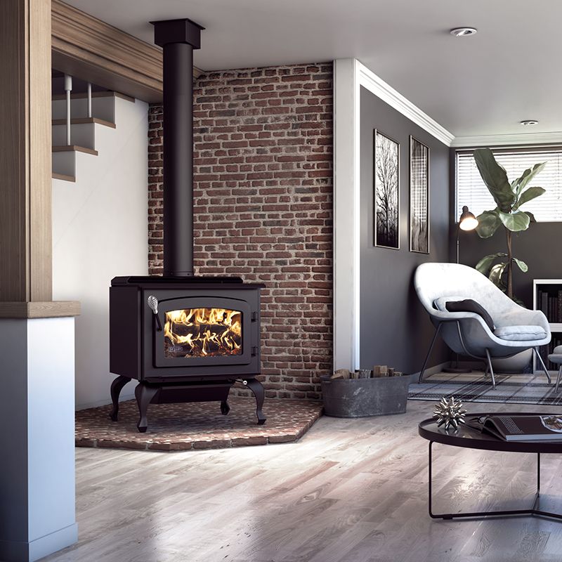 Drolet Escape 1800 Wood Burning Stove On Legs - Brushed Nickel Door DB03112