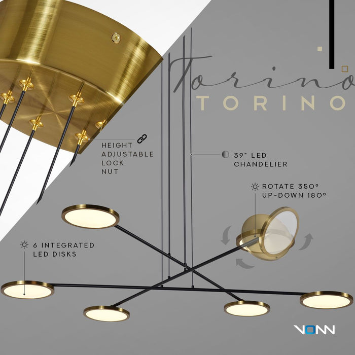 VONN Torino 39" VAC3196AB Integrated LED Chandelier with Rotating LED Disks in Antique Brass