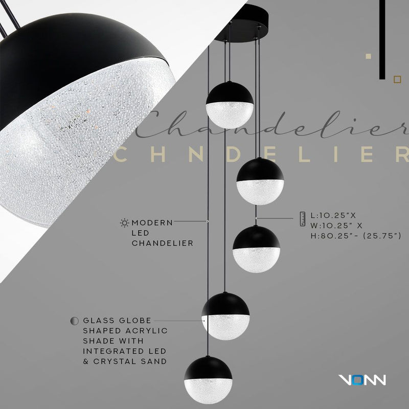 VONN Ravello 5-Light VAC3285BL Integrated LED Chandelier with Globe Shades in Black