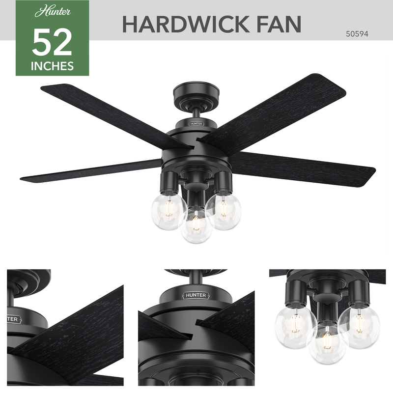 Hunter Hardwick 52-inch Matte Black Ceiling Fan with LED Lights