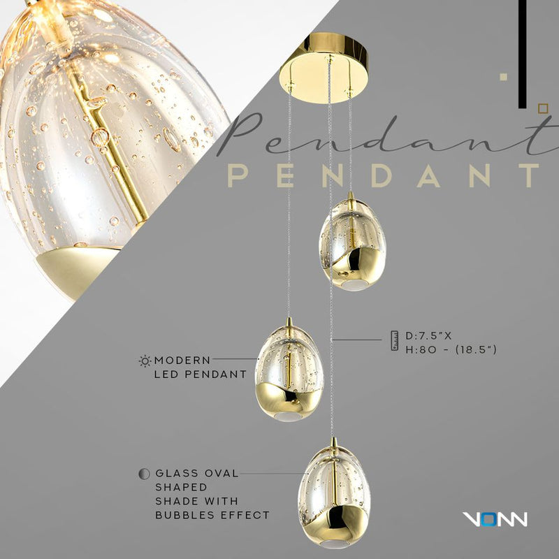VONN Venezia 3-Light VAP2203GL Integrated LED Pendant Light - Gold