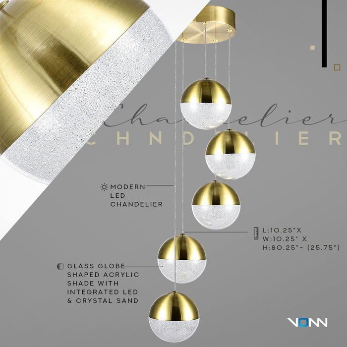 VONN Ravello 5-Light VAC3285BRS Integrated LED Chandelier with Globe Shades in Brass