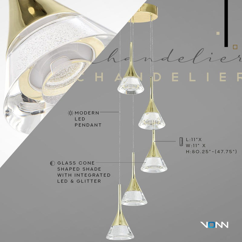 VONN Amalfi 5-Light VAC3215GL Integrated LED Chandelier with Cone Shades in Gold