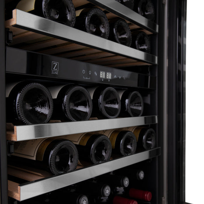 ZLINE 24 in. Dual Zone 44-Bottle Wine Cooler in Stainless Steel with Wood Shelf and Stainless Steel Handle