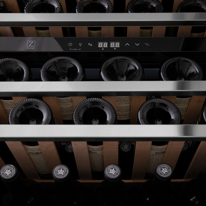 ZLINE 24 in. Dual Zone 44-Bottle Wine Cooler in Stainless Steel with Wood Shelf and Stainless Steel Handle