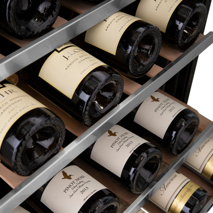 ZLINE 24 in. Dual Zone 44-Bottle Wine Cooler in Stainless Steel with Wood Shelf and Stainless Steel Handle