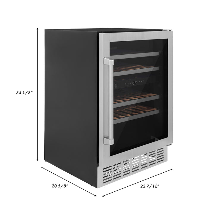ZLINE 24 in. Dual Zone 44-Bottle Wine Cooler in Stainless Steel with Wood Shelf and Stainless Steel Handle