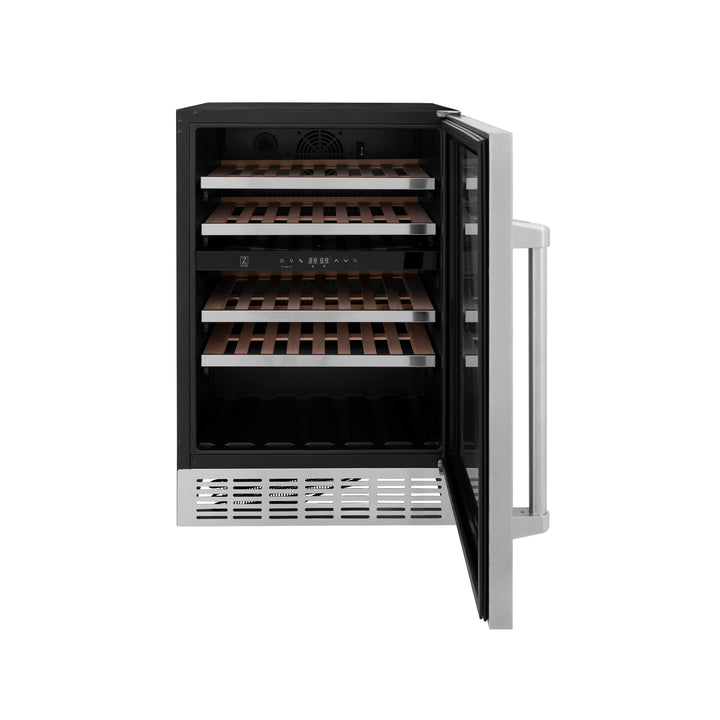 ZLINE 24 in. Dual Zone 44-Bottle Wine Cooler in Stainless Steel with Wood Shelf and Stainless Steel Handle