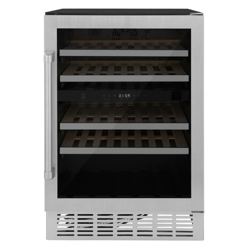 ZLINE 24 in. Dual Zone 44-Bottle Wine Cooler in Stainless Steel with Wood Shelf and Stainless Steel Handle