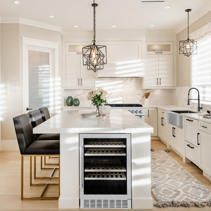 ZLINE 24 in. Dual Zone 44-Bottle Wine Cooler in Stainless Steel with Wood Shelf and Stainless Steel Handle