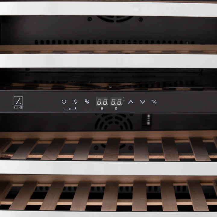 ZLINE 24 in. Dual Zone 44-Bottle Wine Cooler in Stainless Steel with Wood Shelf and Stainless Steel Handle