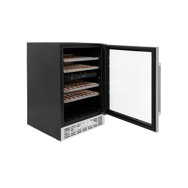 ZLINE 24 in. Dual Zone 44-Bottle Wine Cooler in Stainless Steel with Wood Shelf and Stainless Steel Handle