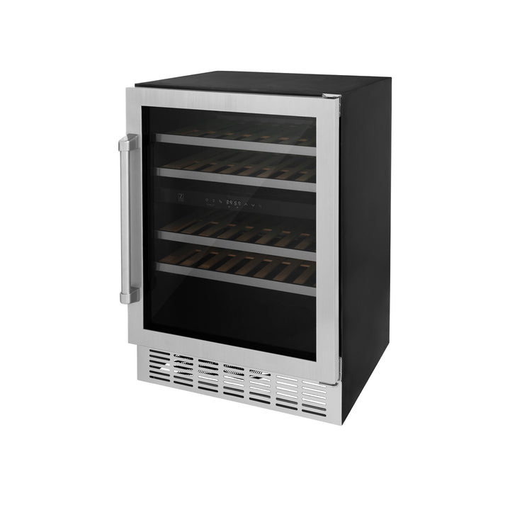 ZLINE 24 in. Dual Zone 44-Bottle Wine Cooler in Stainless Steel with Wood Shelf and Stainless Steel Handle