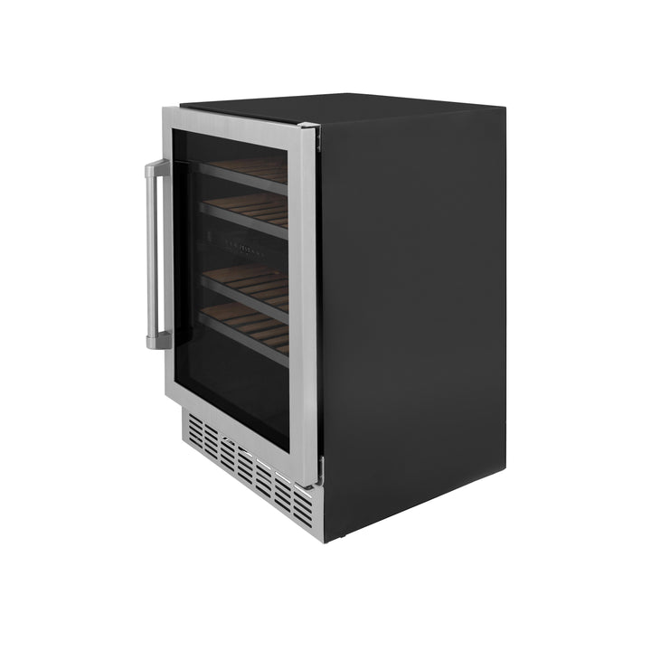 ZLINE 24 in. Dual Zone 44-Bottle Wine Cooler in Stainless Steel with Wood Shelf and Stainless Steel Handle