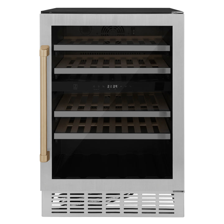 ZLINE 24 in. Autograph Edition Dual Zone 44-Bottle Wine Cooler in Stainless Steel with Wood Shelf
