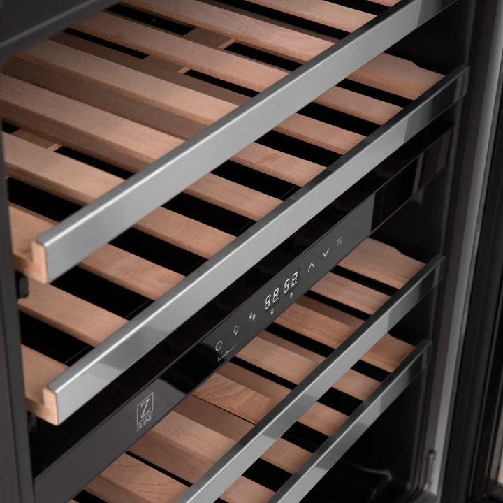 ZLINE 24 in. Autograph Edition Dual Zone 44-Bottle Wine Cooler in Stainless Steel with Wood Shelf